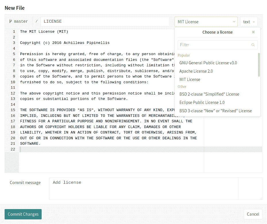 MIT license selected
