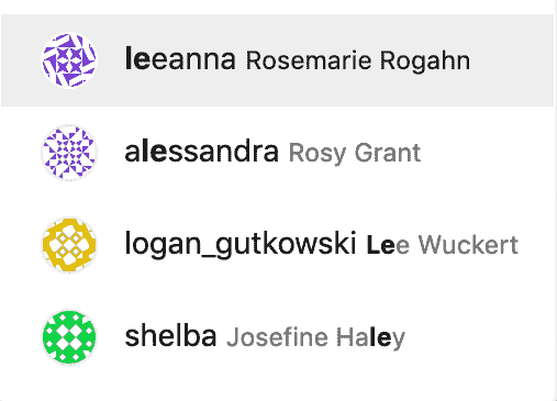Popup list which includes users whose username or name contains the string `le`