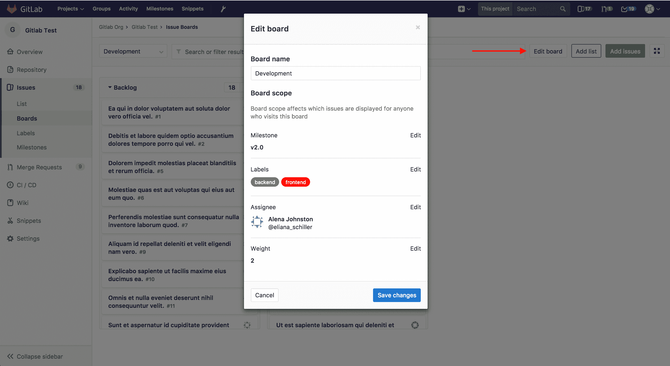 Edit board configuration