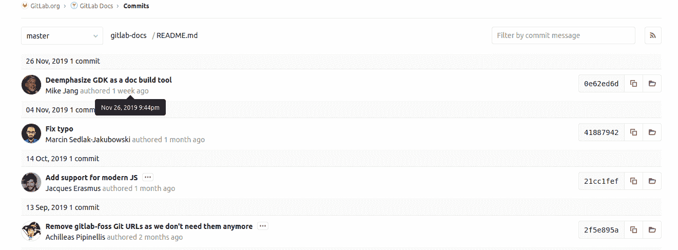 History button output Git log output