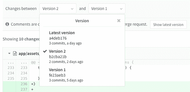 Merge request versions dropdown