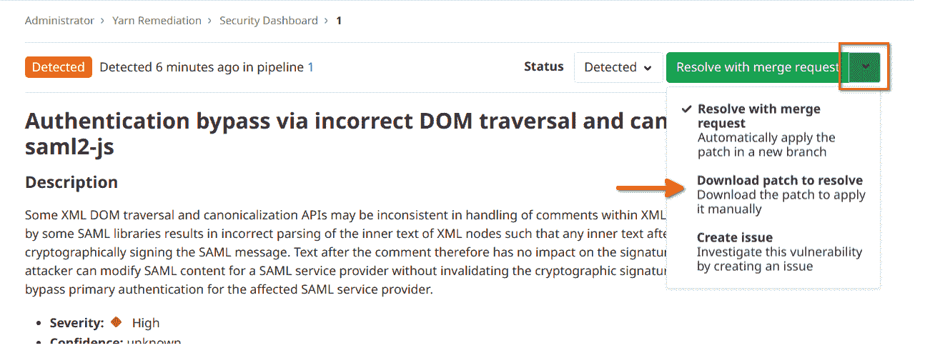Resolve with Merge Request button dropdown