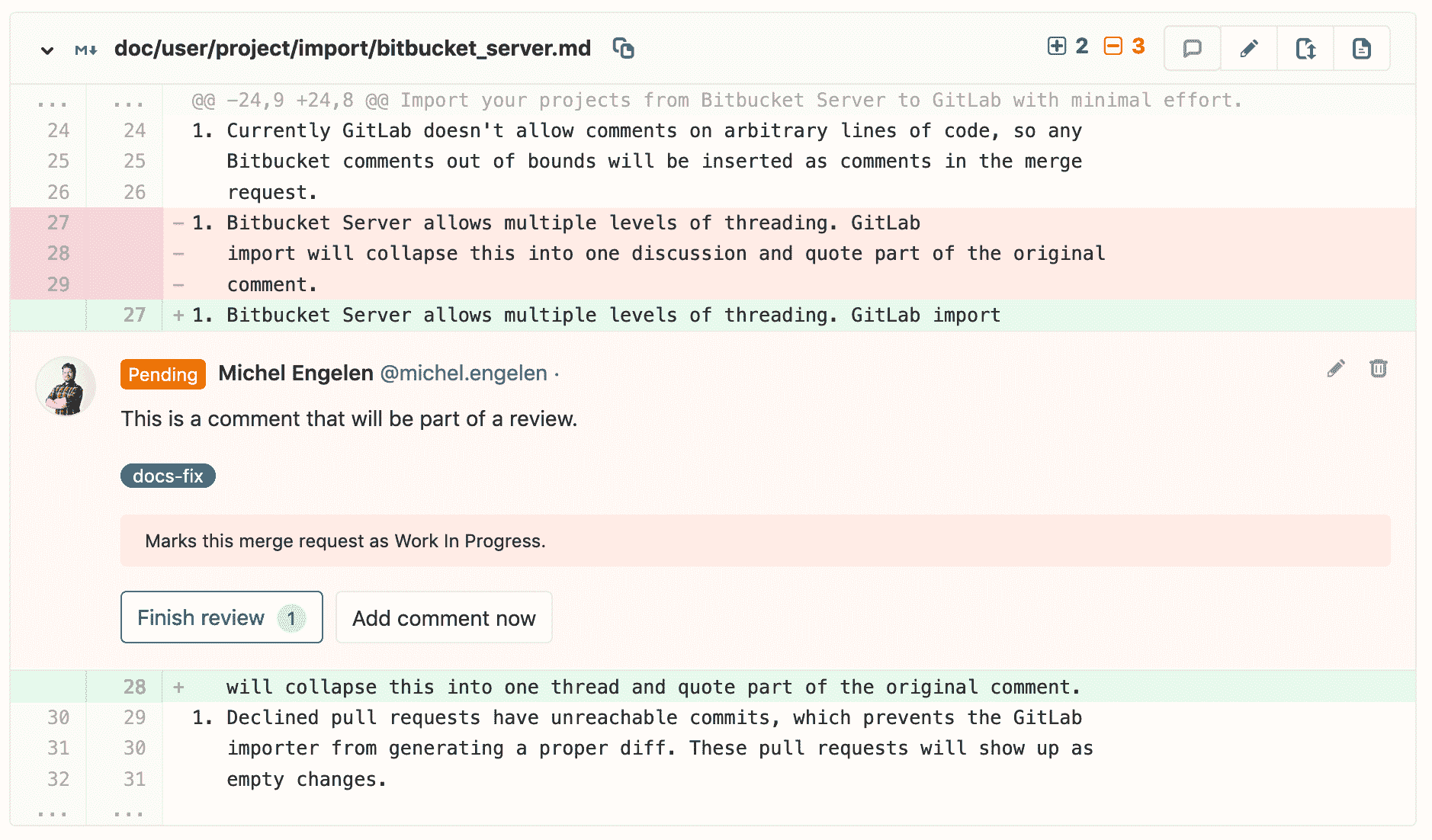 A review comment with quick actions