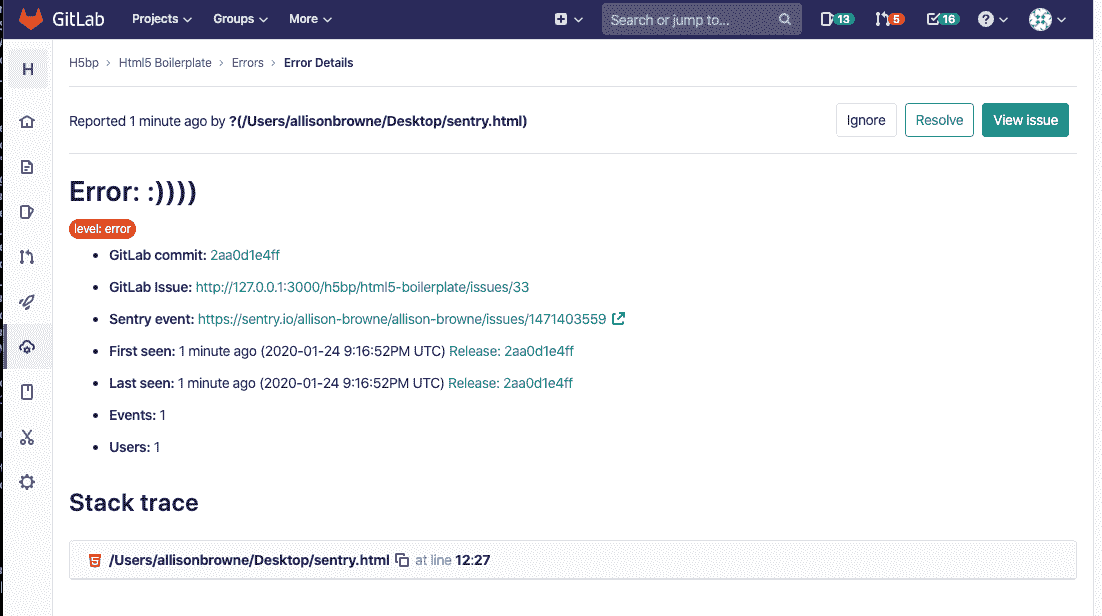 Error Details with Issue Link