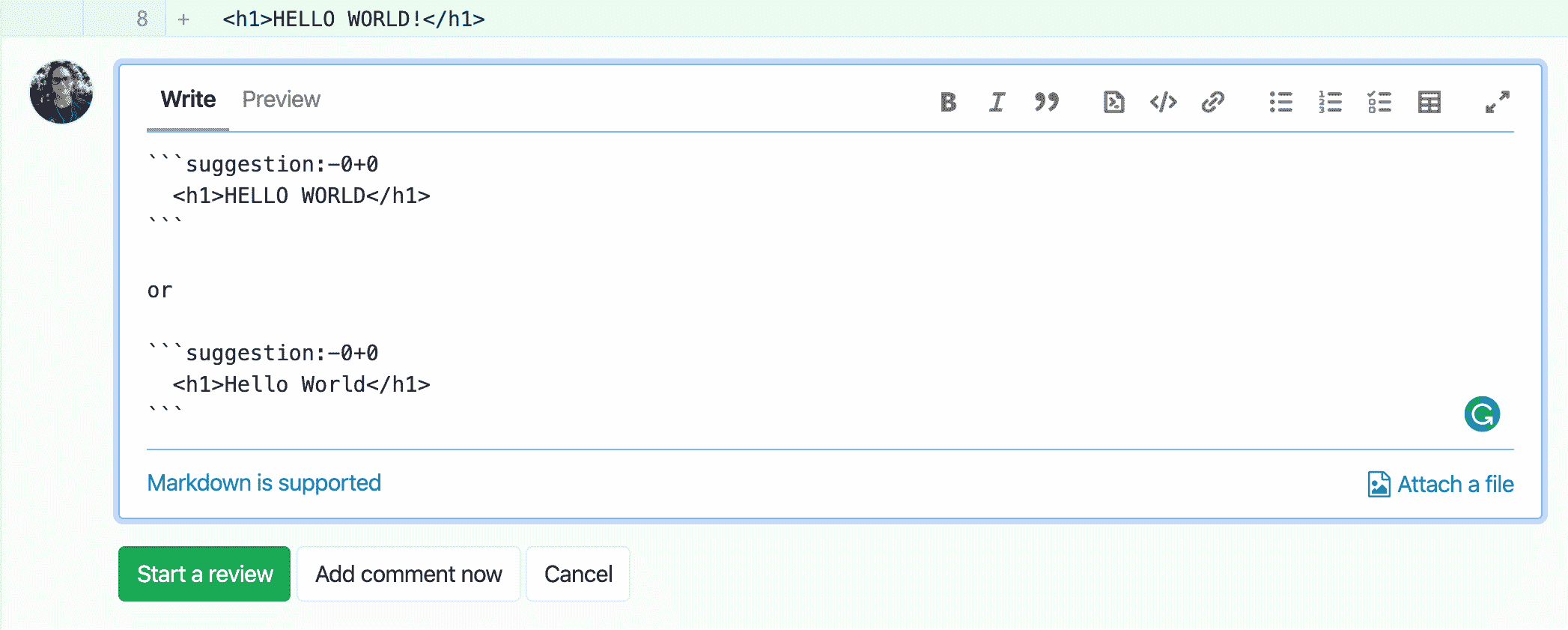 Add a suggestion into a code block tagged properly