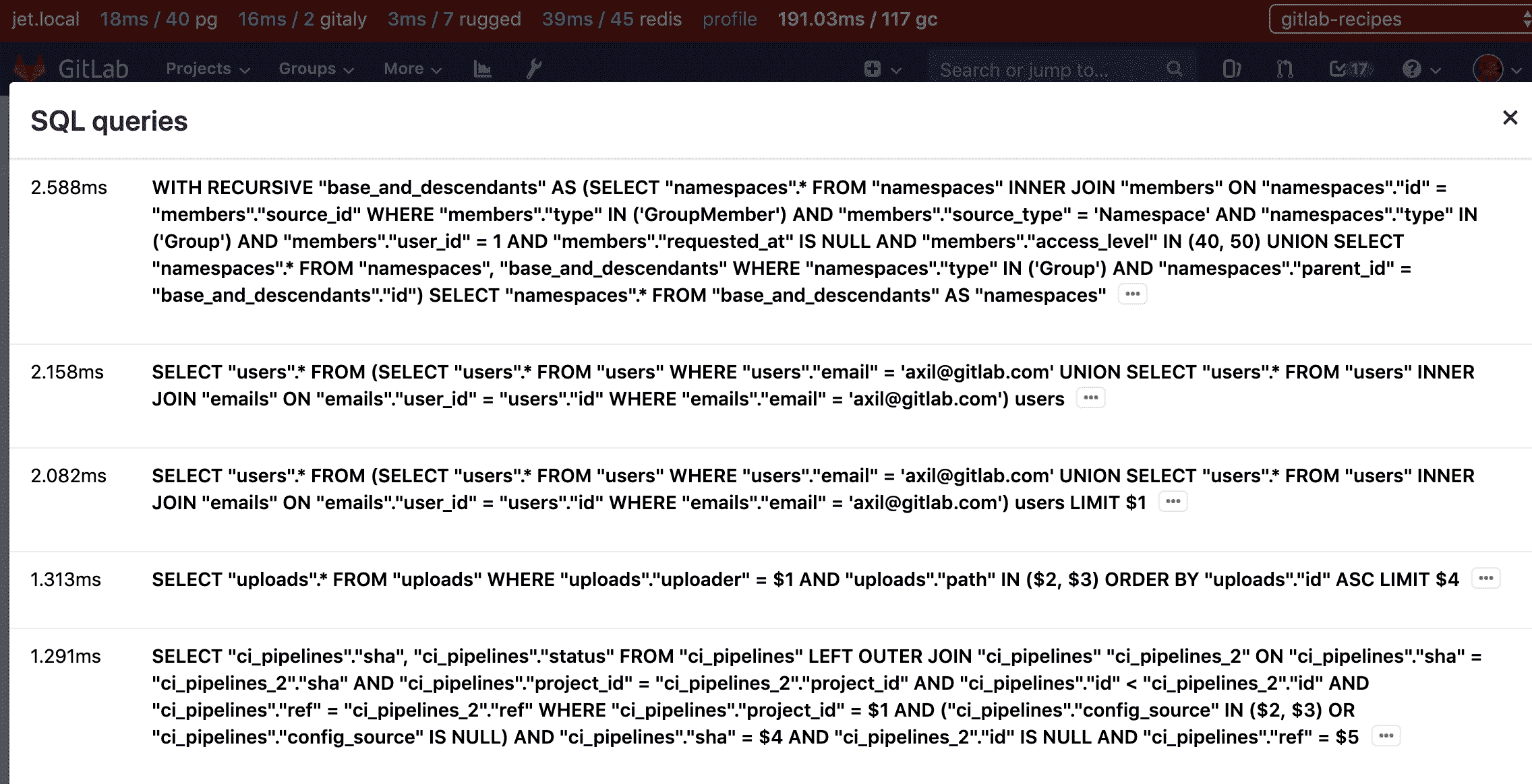 使用性能栏进行 SQL 分析