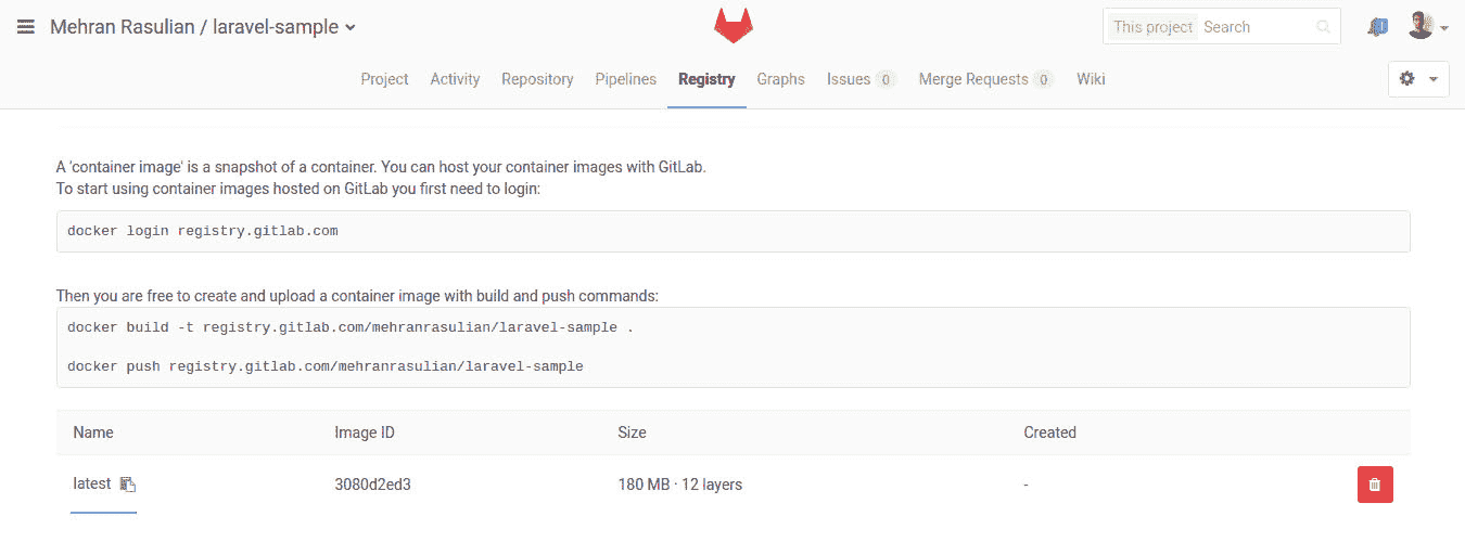 container registry page with image