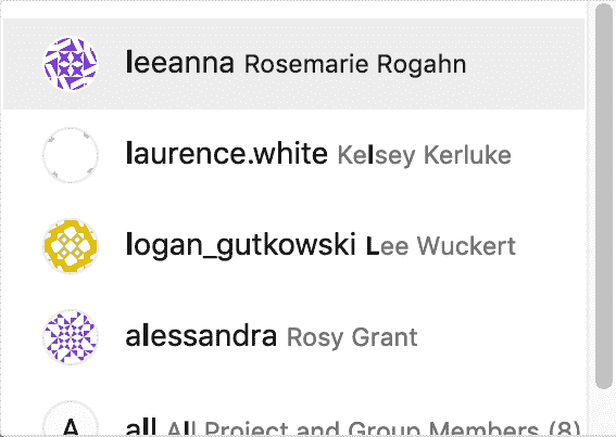 Popup list which includes users whose username or name contains the letter `l`