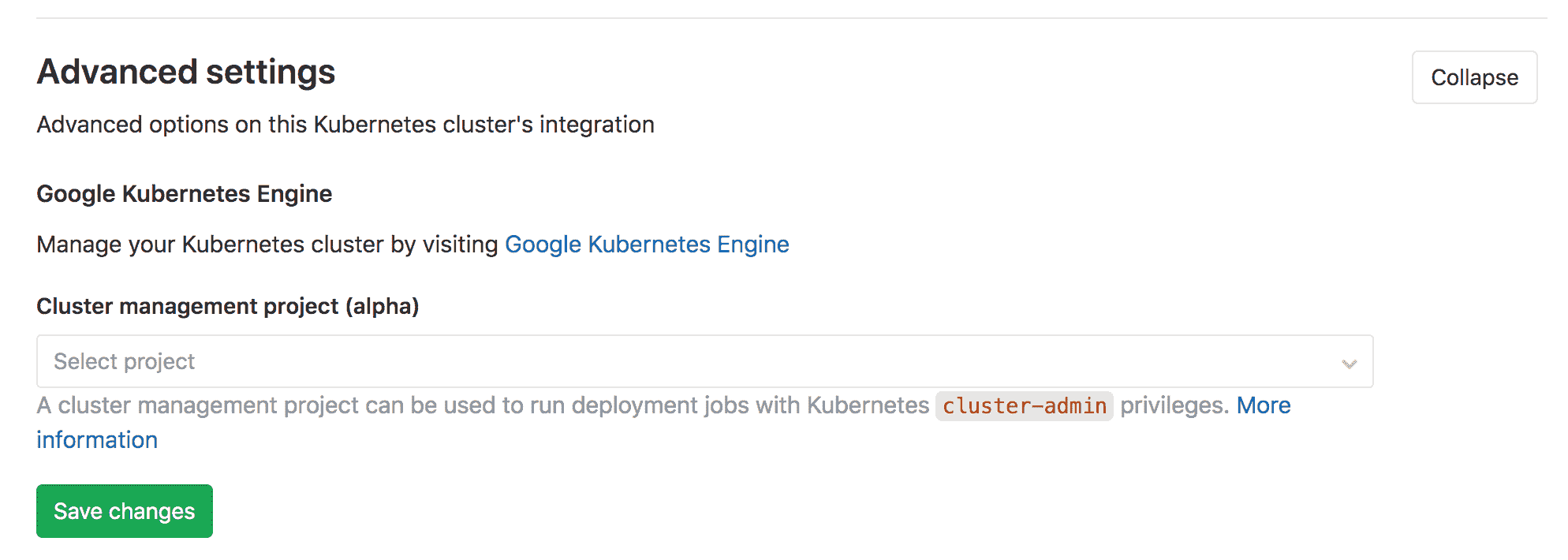 Selecting a cluster management project under Advanced settings