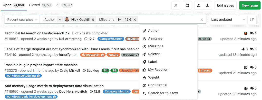 filter issues in a project