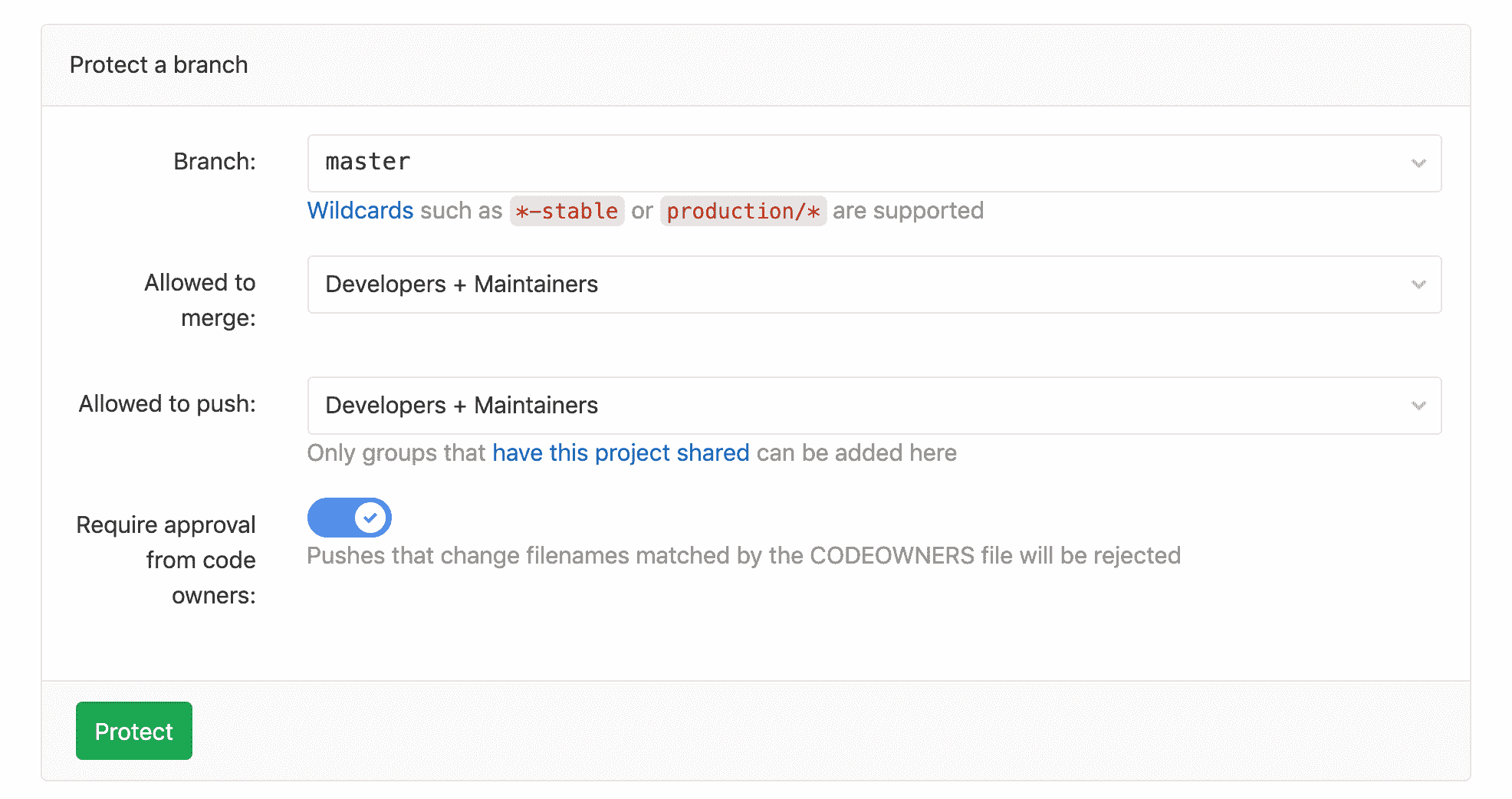 Code Owners approval - new protected branch