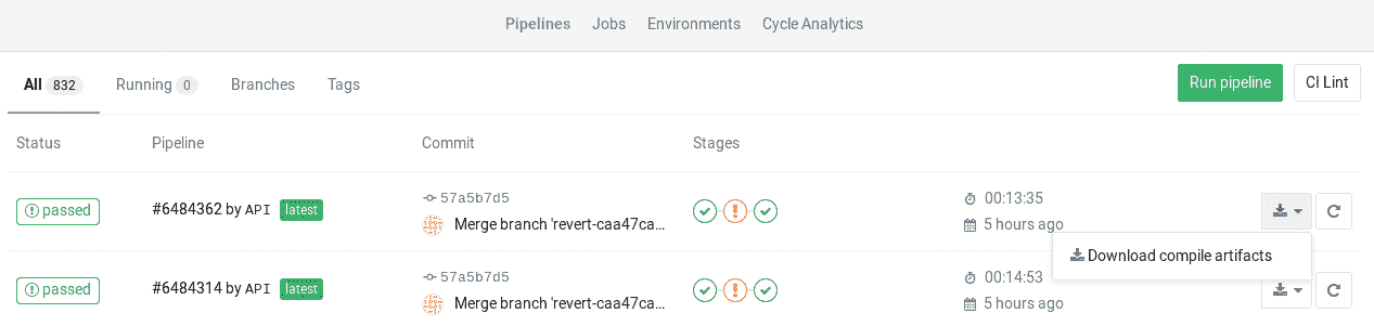 Job artifacts in Pipelines page