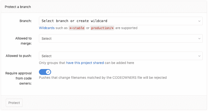 Protected branches page