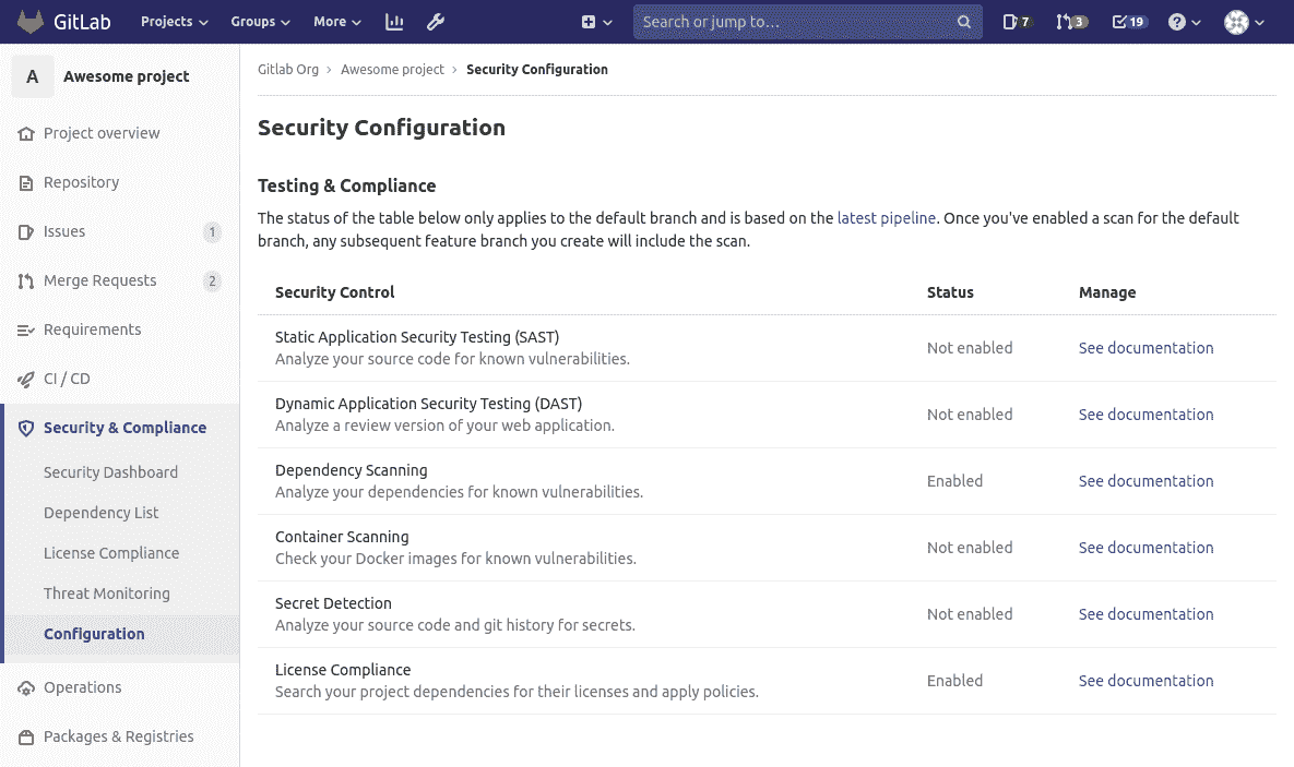 Screenshot of security configuration page
