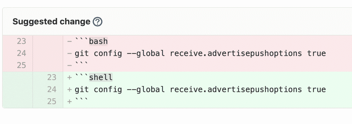 Output of a comment with a suggestion with a fenced code block