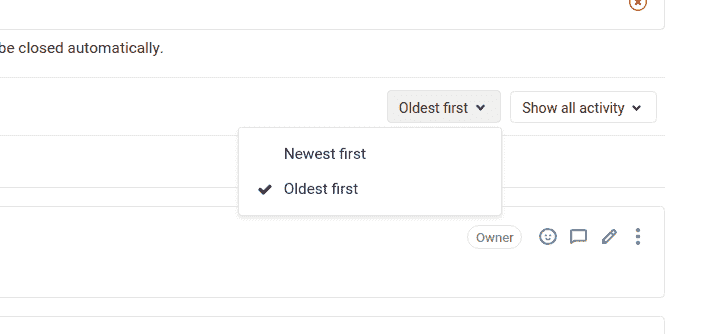 Issue activity sort order dropdown button