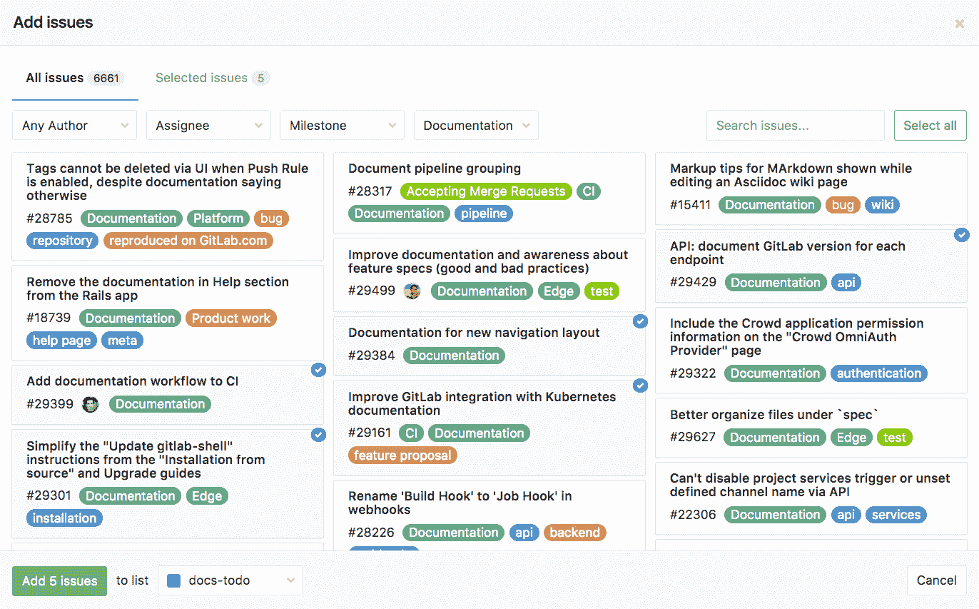 search and select issues to add to board