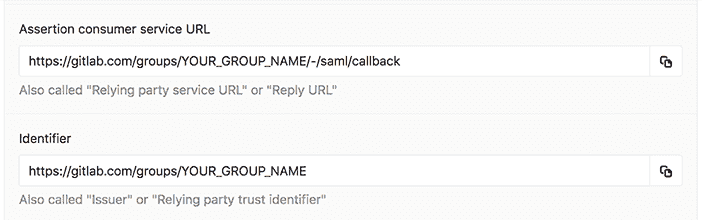 Issuer and callback for configuring SAML identity provider with GitLab.com