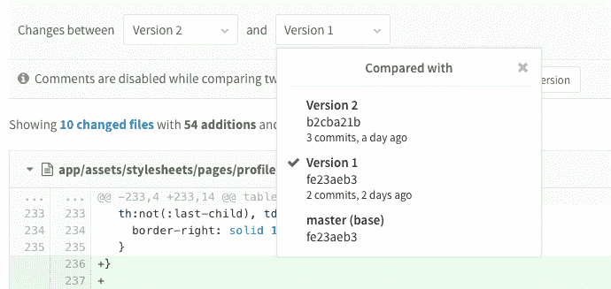 Merge request versions compare