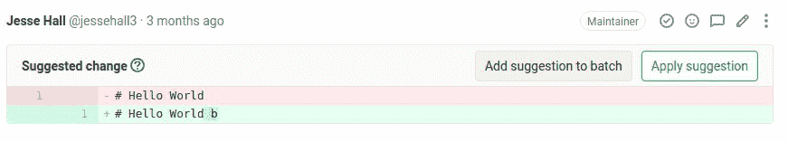 A code change suggestion displayed, with the button to add the suggestion to a batch highlighted.