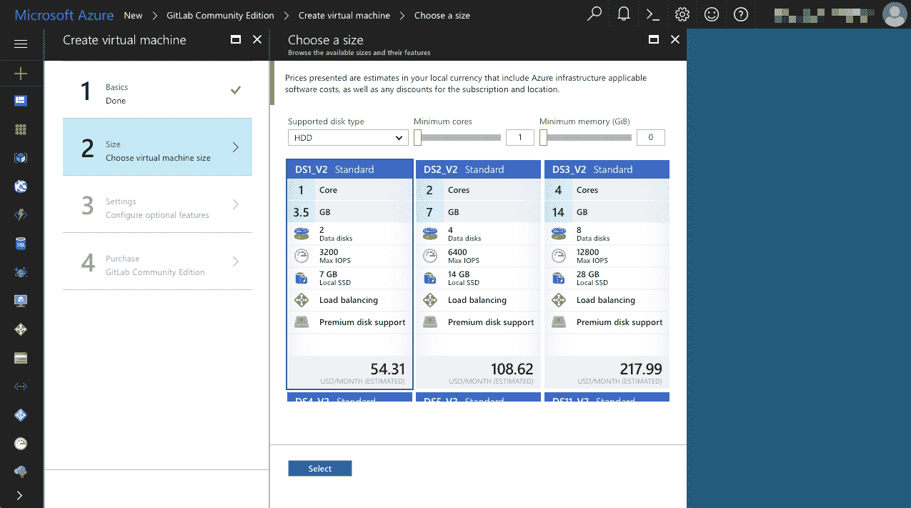 Azure - Create Virtual Machine - Size