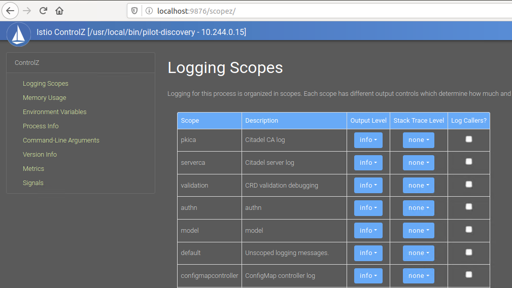 istiod ControlZ 日志作用域设置页面